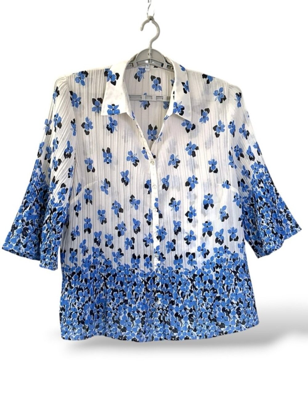 Pleated Chiffon Semi Sheer Button Up 3/4 Bell Sleeve White Blue Floral Women 2X